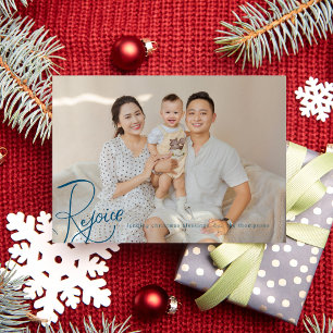 Tarjeta de Navidad religiosa Rejoice Azul Marino