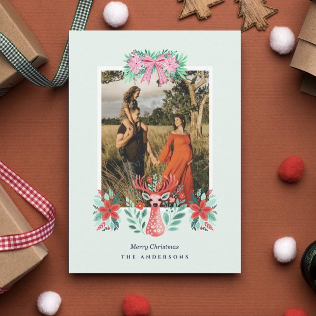 Tarjeta de Navidad Reno Botánico Rojo Floral Foto (Subido por el creador)