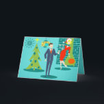 Tarjeta de Navidad retra de los pares del dibujo<br><div class="desc">Esta tarjeta de Navidad retra de los pares del dibujo animado del día de fiesta le pondrá en el alcohol del día de fiesta. Las características del diseño delanteras un fondo de la turquesa con ladrillos verde azulados y un verde verde oliva, chimenea del cono. Hay un trullo, reloj de...</div>