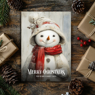 Tarjeta de Navidad retro de acuarela con muñeco de
