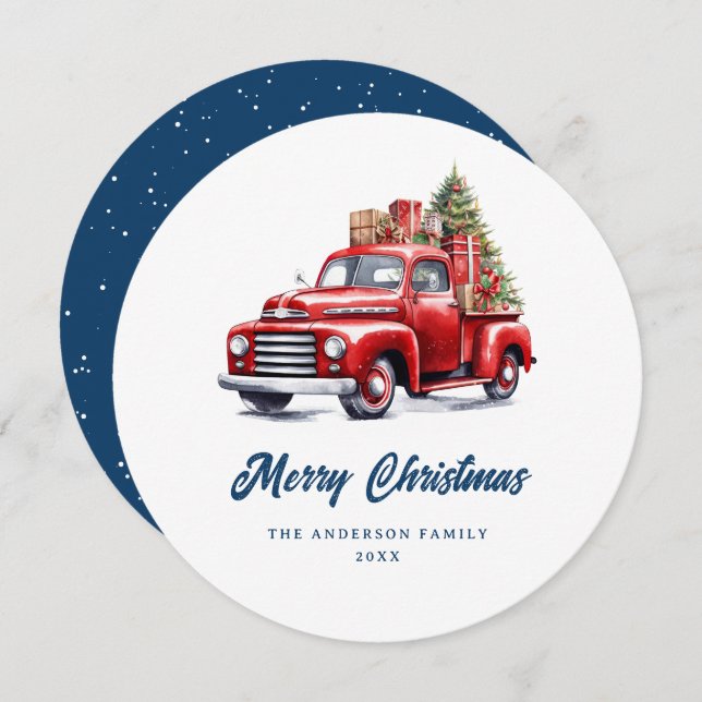 Tarjeta de Navidad Retro Red Truck Blue Merry (Anverso / Reverso)