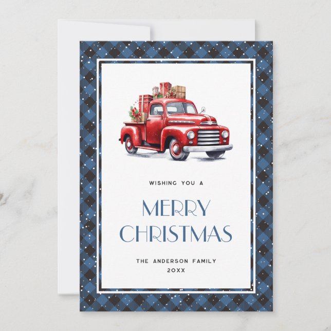Tarjeta de Navidad Retro Red Truck Blue Plaid Merr (Anverso)
