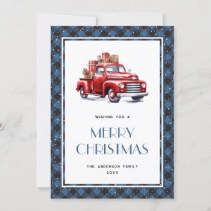 Tarjeta de Navidad Retro Red Truck Blue Plaid Merr