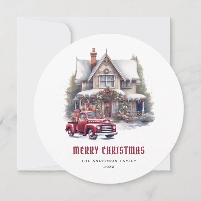 Tarjeta de Navidad Retro Red Truck Merry (Anverso)