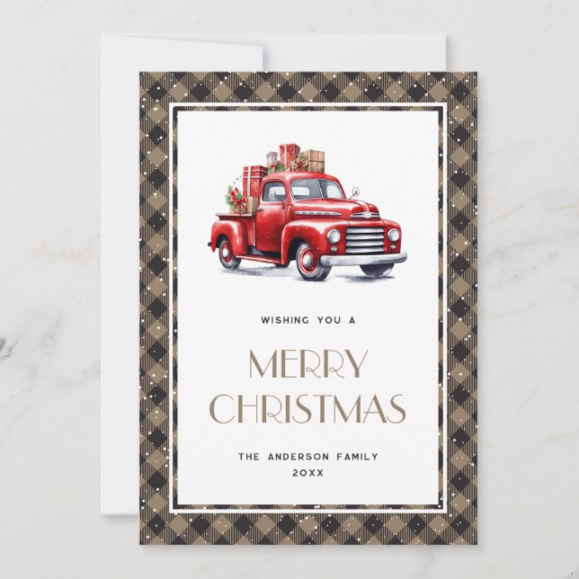 Tarjeta de Navidad Retro Red Truck Plaid Merry (Anverso)