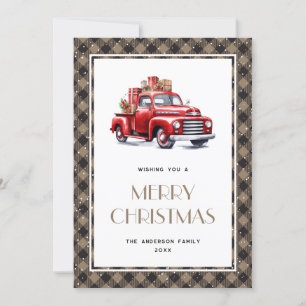 Tarjeta de Navidad Retro Red Truck Plaid Merry