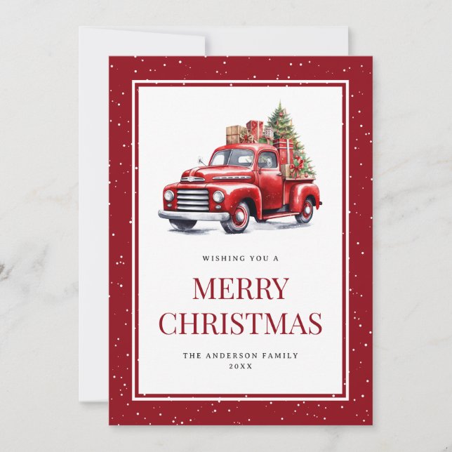 Tarjeta de Navidad Retro Red Truck Tree Snowy Merr (Anverso)