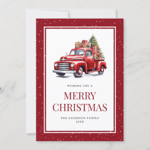 Tarjeta de Navidad Retro Red Truck Tree Snowy Merr