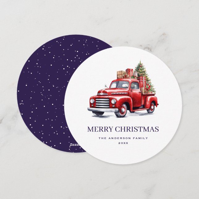 Tarjeta de Navidad Retro Red Truck Violet Merry (Anverso / Reverso)