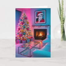Tarjeta de Navidad Retro Rosa y Turquesa del Árbol