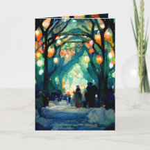 tarjeta de Navidad reunión nocturna luces colorida