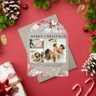 Tarjeta de Navidad Roja Botánica con Arco Vintage