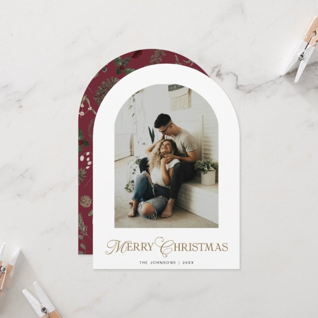 Tarjeta de Navidad roja con foto de arco botánico (Anverso/Reverso In Situ)
