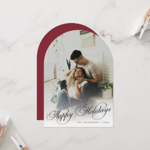 Tarjeta de Navidad Roja con Foto de Arco Elegante
