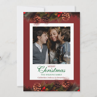 Tarjeta de Navidad Roja con Saludos y Lazos de Pin