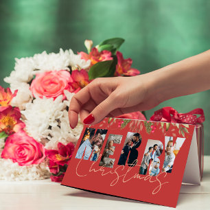Tarjeta de Navidad Roja Dorada con Múltiples Fotos