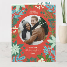 Tarjeta de Navidad roja floral con foto de vacacio