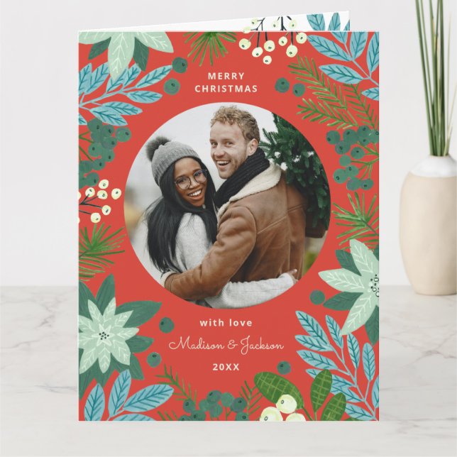 Tarjeta de Navidad roja floral con foto de vacacio (Anverso)