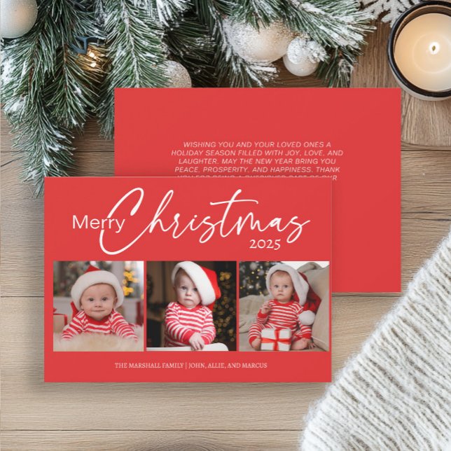 Tarjeta de Navidad Roja Tipografía Collage de Foto (Red 3-photo "Merry Christmas" greeting card)