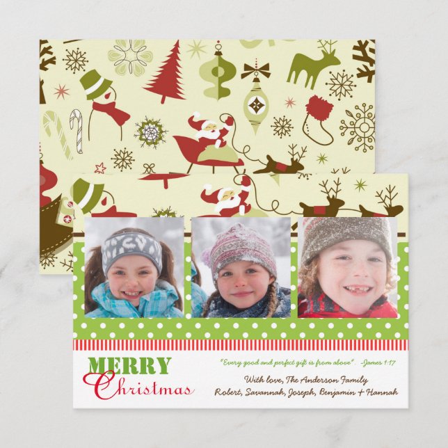Tarjeta de Navidad Roja, Verde, Marrón Retro 3 Fot (Anverso / Reverso)