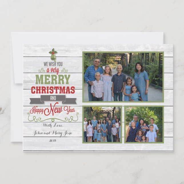 Tarjeta de Navidad Roja y Verde con Múltiples Foto (Anverso)