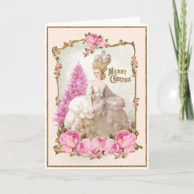 Tarjeta de Navidad rosada de los rosas del árbol (Anverso)