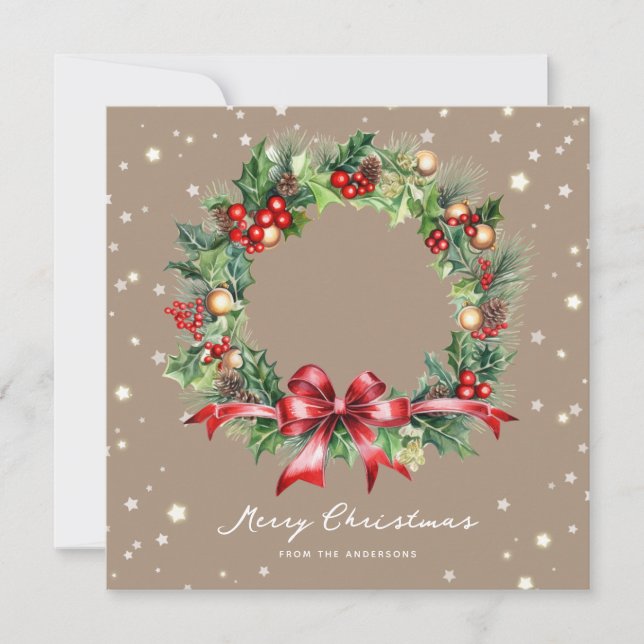 Tarjeta de Navidad Rustic Wreath Photo Merry (Anverso)
