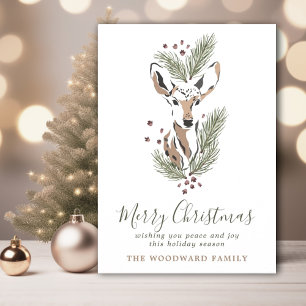 Tarjeta de Navidad rústica de ciervo y pino en acu