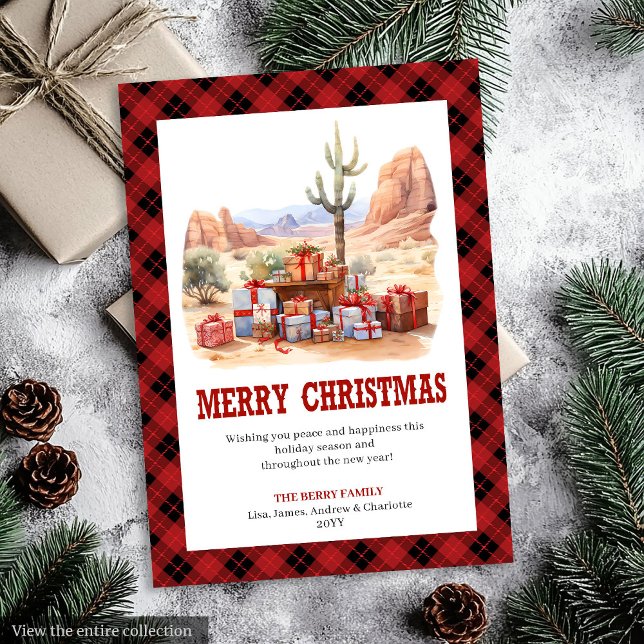 Tarjeta de Navidad rústica de cuadros escoceses oc (Western Tartan Plaid Rustic Christmas Card)