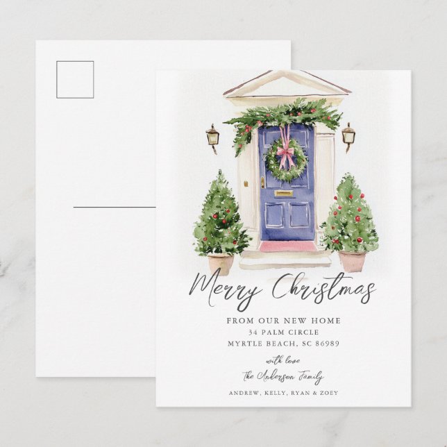 Tarjeta de Navidad Rústica Puerta Azul para Nueva  (Anverso / Reverso)