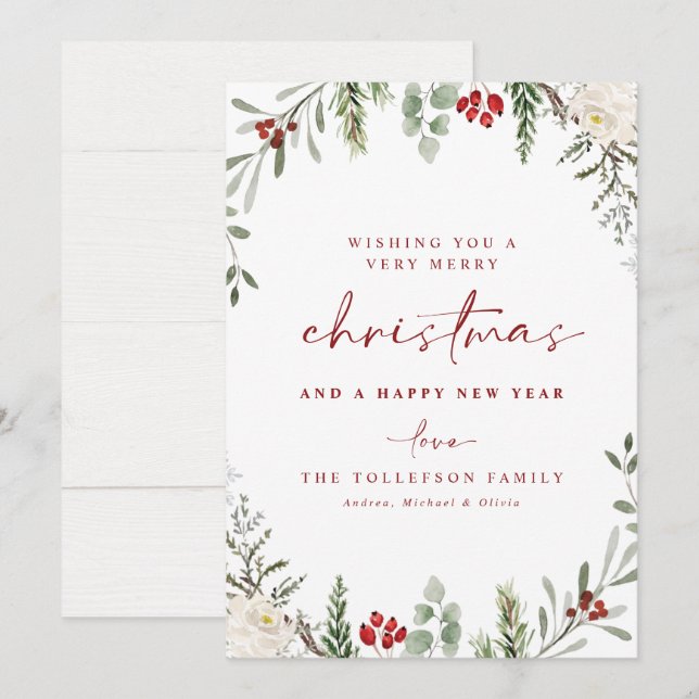 Tarjeta de Navidad rústica sin foto con hiedra y f (Anverso / Reverso)