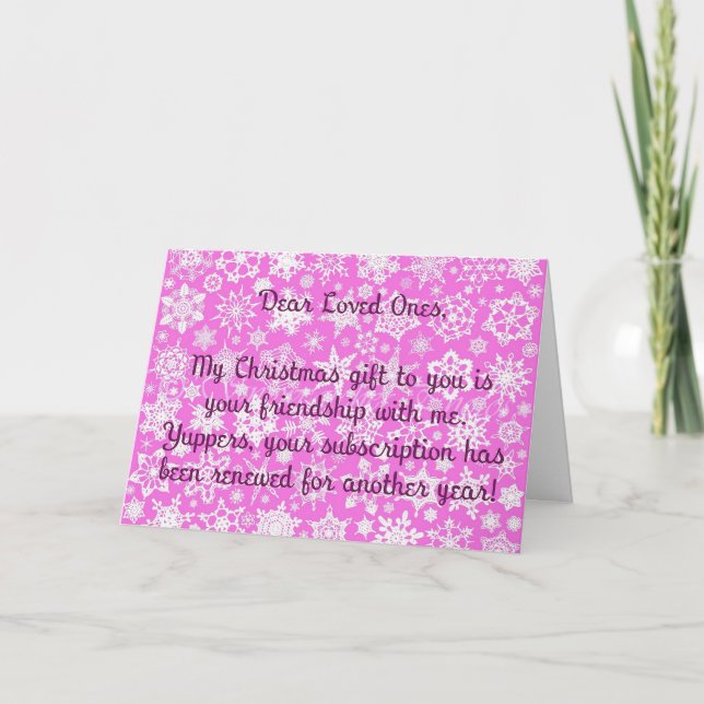Tarjeta de Navidad sarcástica rosa con copos de ni (Anverso)