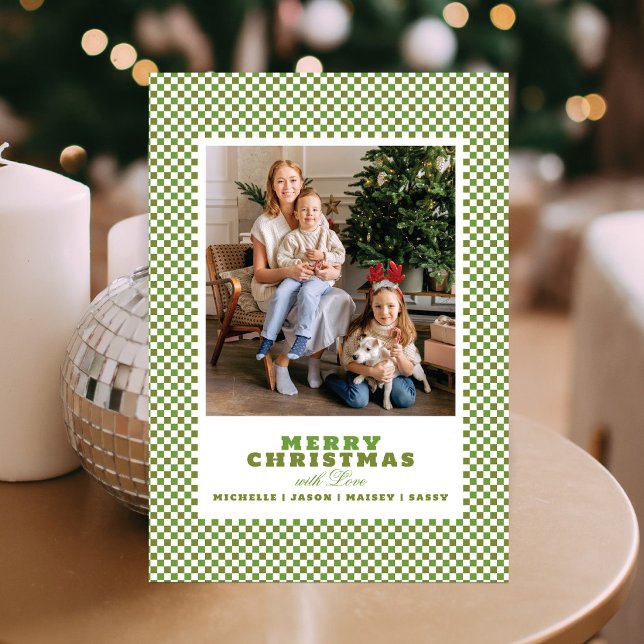 Tarjeta de Navidad simple con foto de cuadros verd (Subido por el creador)