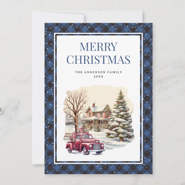 Tarjeta de Navidad Snowowley Blue Plaid Red Truck  (Anverso)