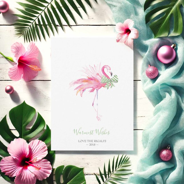 Tarjeta de navidad, tarjeta de vacaciones, flamenc (Tropical pink flamingo Christmas card for pinkmas. Watercolor art by Victoria Grigaliunas)
