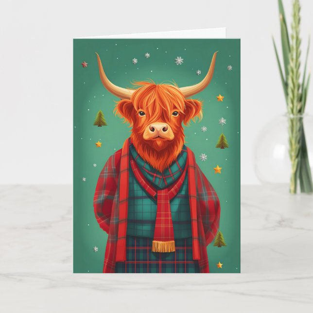 Tarjeta de navidad Tartan Highland Cow (Anverso)