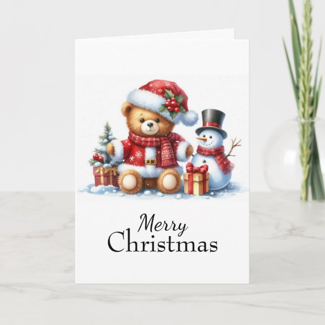 Tarjeta de Navidad: Teddy Bear y Snowman (Anverso)