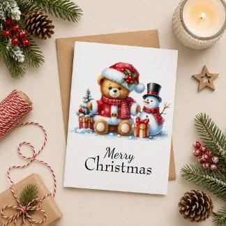 Tarjeta de Navidad: Teddy Bear y Snowman
