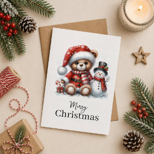 Tarjeta de Navidad: Teddy Bear y Snowman