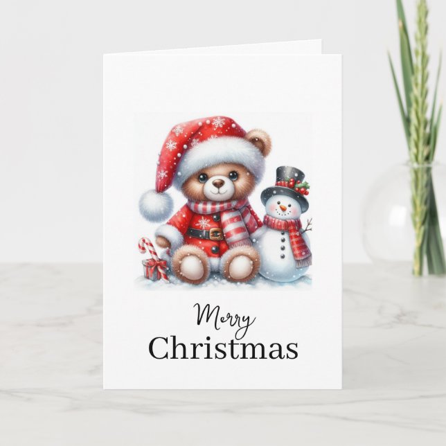 Tarjeta de Navidad: Teddy Bear y Snowman (Anverso)