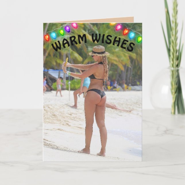 TARJETA DE NAVIDAD TROPICAL CHICA EN BIKINI CULON  (Anverso)