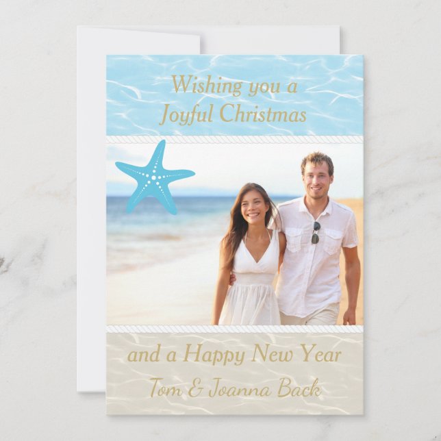 Tarjeta de Navidad tropical de la foto de la playa (Anverso)