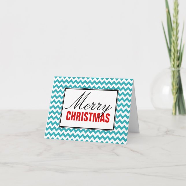 Tarjeta de Navidad Turquoise Chevron & Red Merry (Anverso)