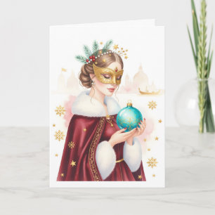 Tarjeta de Navidad veneciana Dama Máscara Dorada