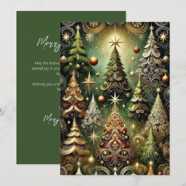 Tarjeta de Navidad verde con árbol de escritura el (Anverso / Reverso)