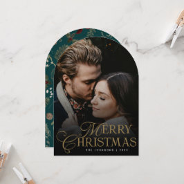 Tarjeta de Navidad verde con foto de arco botánico