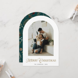 Tarjeta de Navidad verde con foto de arco botánico