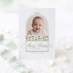 Tarjeta de Navidad verde con foto de arco de adorn