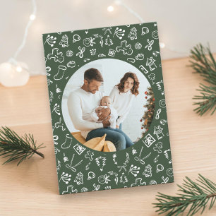 Tarjeta de Navidad Verde con Foto Familiar Dibujad