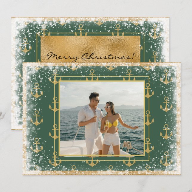 Tarjeta de Navidad verde de foto náutica (Anverso / Reverso)